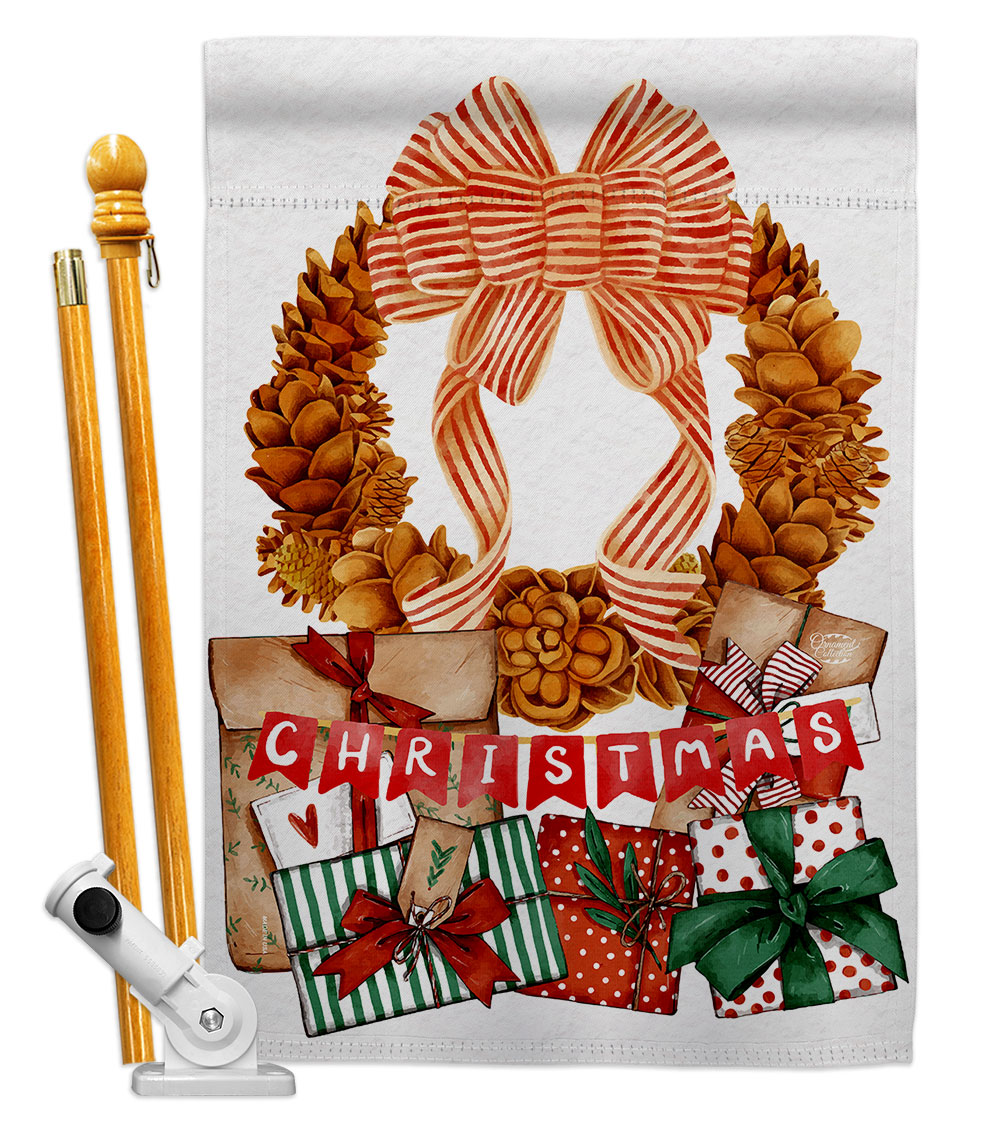 28 x 40 in. Pine Cone Wreath House Flag Set Wintertime Christmas Double-Sided Decorative Vertical Flags & Decoration Banner Garden Yard Gift