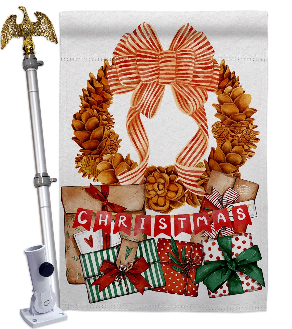 28 x 40 in. Pine Cone Wreath House Flag Set Wintertime Christmas Double-Sided Decorative Vertical Flags & Decoration Banner Garden Yard Gift