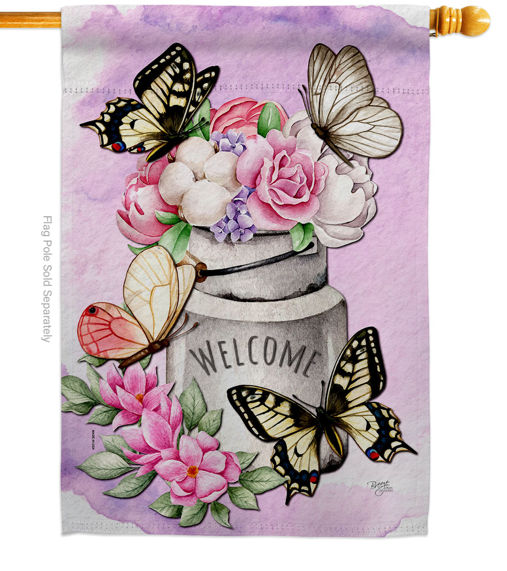 H104117-BO Butterflies Water Can Floral Double-Sided Garden Decorative House Flag, Multi Color