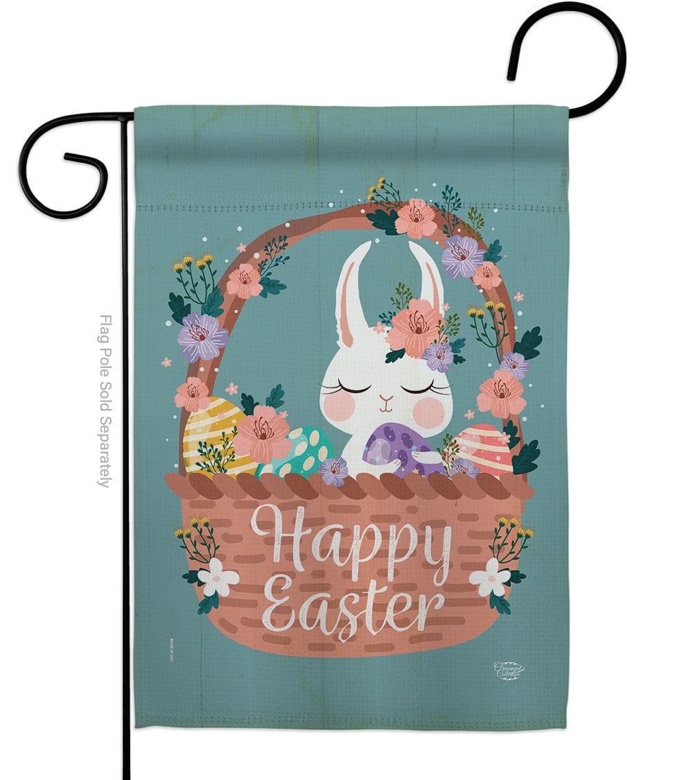 Bunny in Basket Springtime Easter Double-Sided Decorative Garden Flag, Multi Color