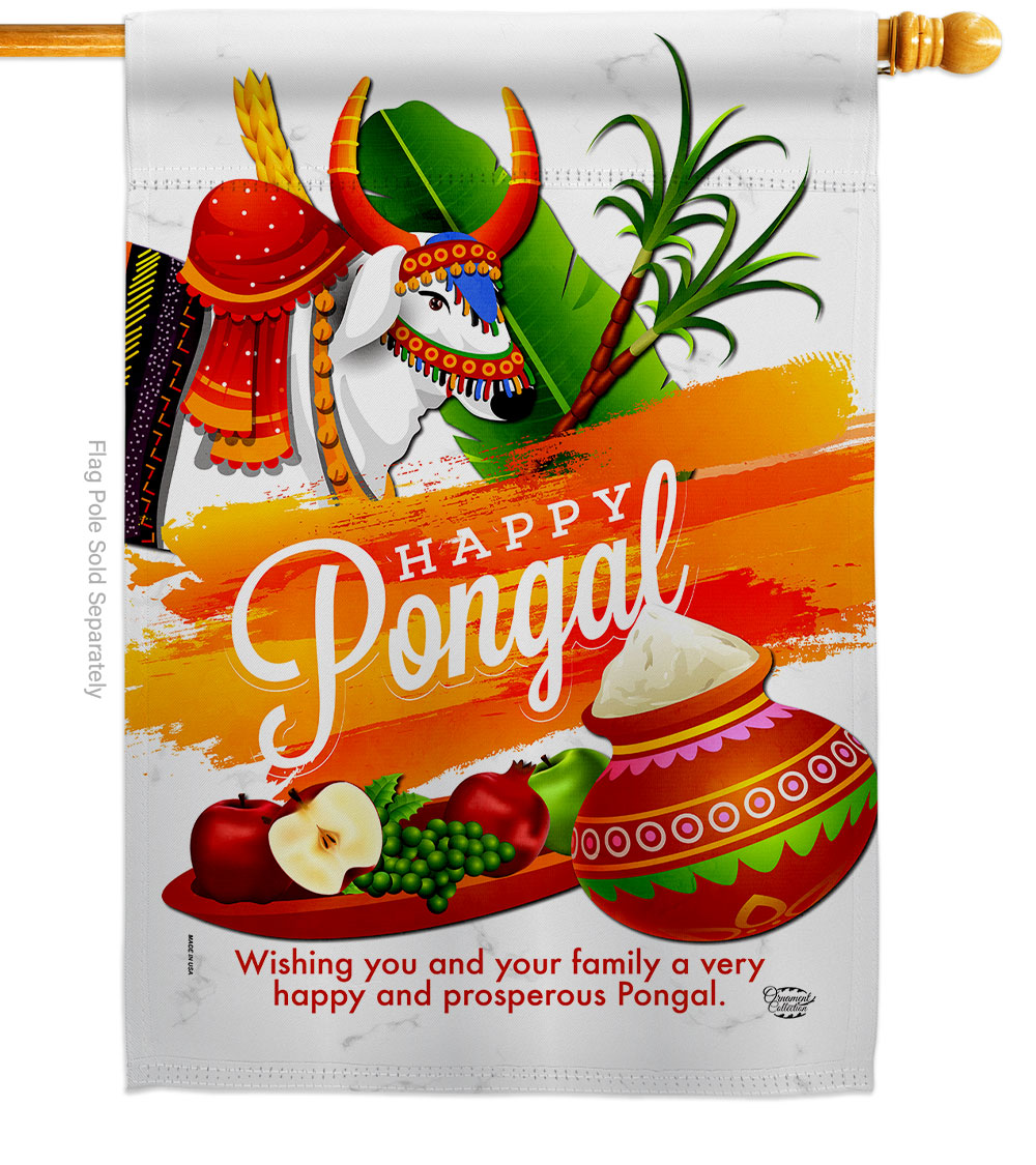 Happy Prosperous Pongal Religious Double-Sided House Flag, Multi Color