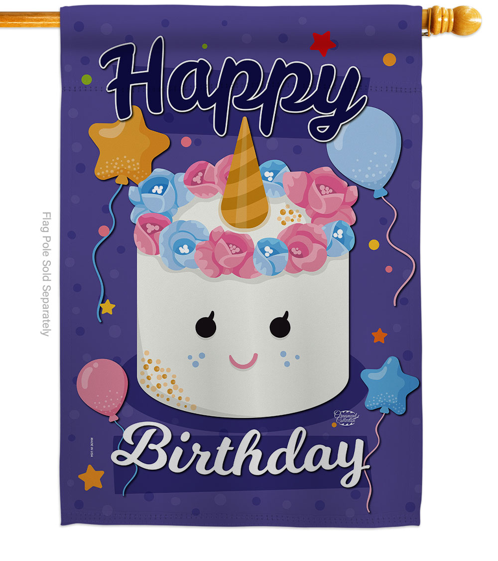Unicorn Birthday Cake Celebration Double-Sided Garden Decorative House Flag, Multi Color