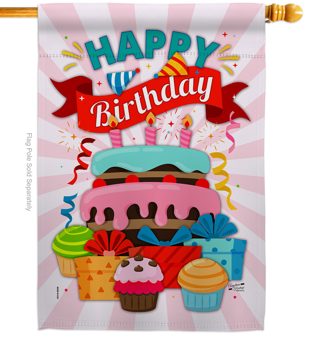 Happy Birthday Cake Celebration Double-Sided Garden Decorative House Flag, Multi Color