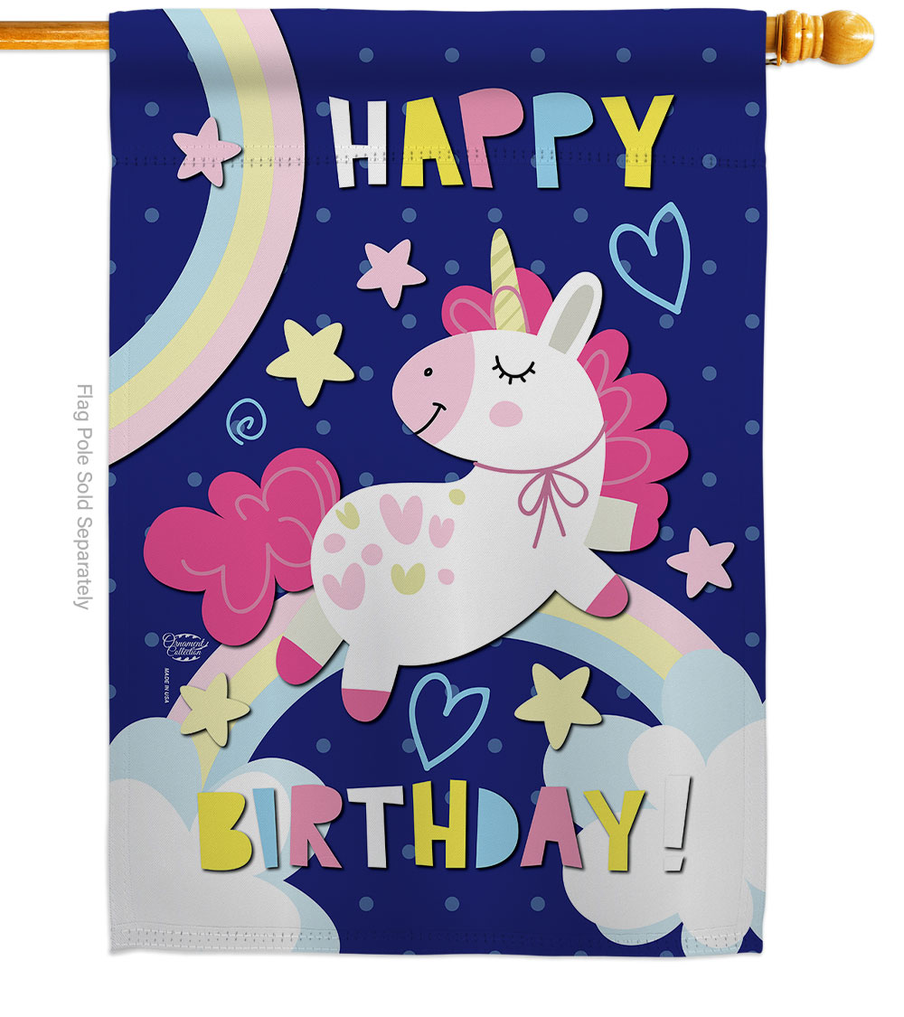 Cute Unicorn Birthday Celebration Double-Sided Garden Decorative House Flag, Multi Color