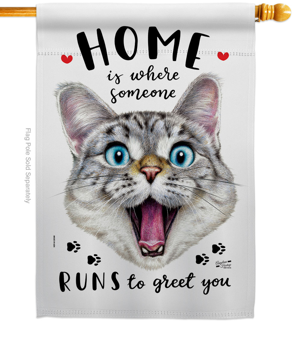 H137559-BO Runs To Greet Animals Cat 28 x 40 in. Double-Sided Decorative Vertical House Flags for Decoration Banner Garden Yard Gift
