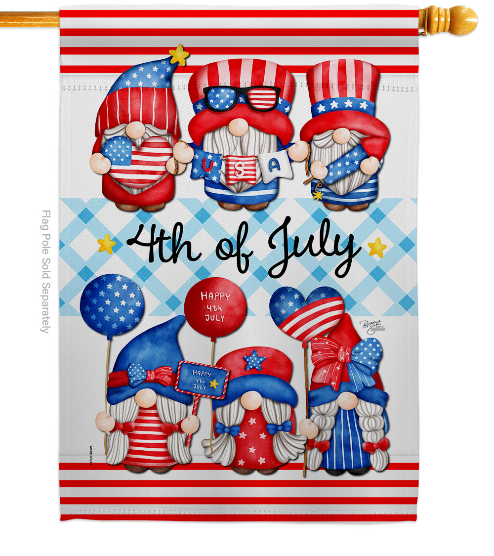 H104159-BO 28 x 40 in. July 4th Gnome Vertical House Flag with Double-Sided Decorative Banner Garden Yard Gift