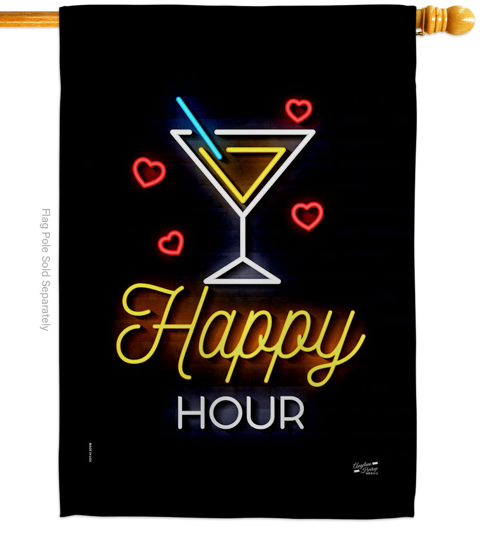 Neon Happy Hour Beverages 28 x 40 in. Double-Sided Decorative Vertical House Flags for Decoration Banner Garden Yard Gift
