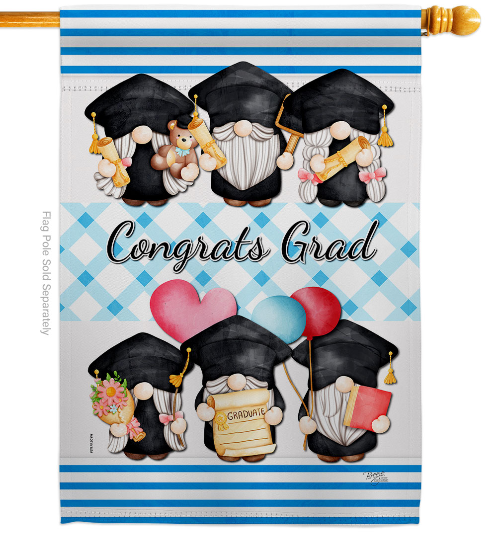 Grad Gnome Education Graduation 28 x 40 in. Double-Sided Decorative Vertical House Flags for Decoration Banner Garden Yard Gift