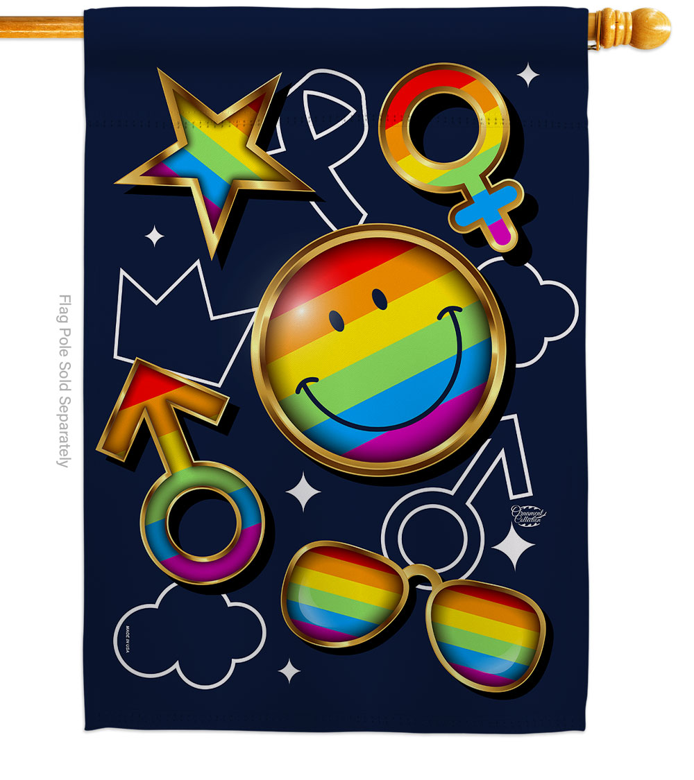 28 x 40 in. Happy Face Pride House Flag with Support Double-Sided Decorative Vertical Banner Garden Yard Gift