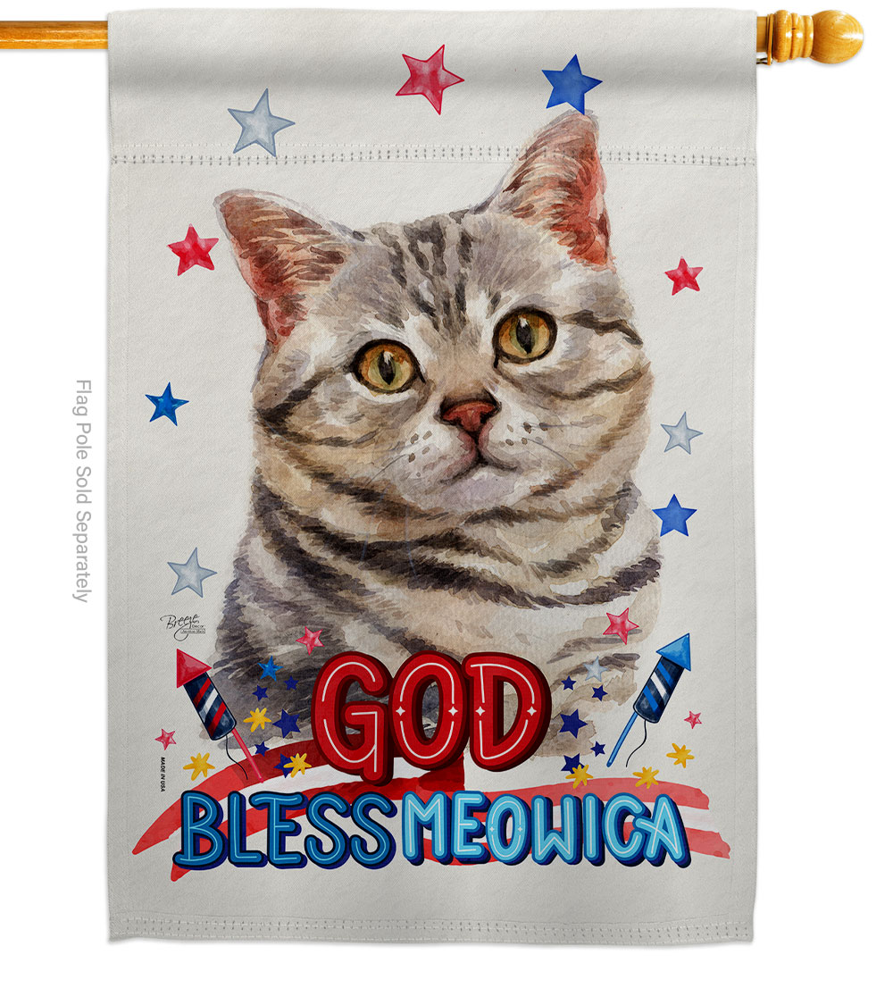 Patriotic Gray American Short Hair Animals Cat 28 x 40 in. Double-Sided Decorative Vertical House Flag for Decoration Banner Garden Yard Gift