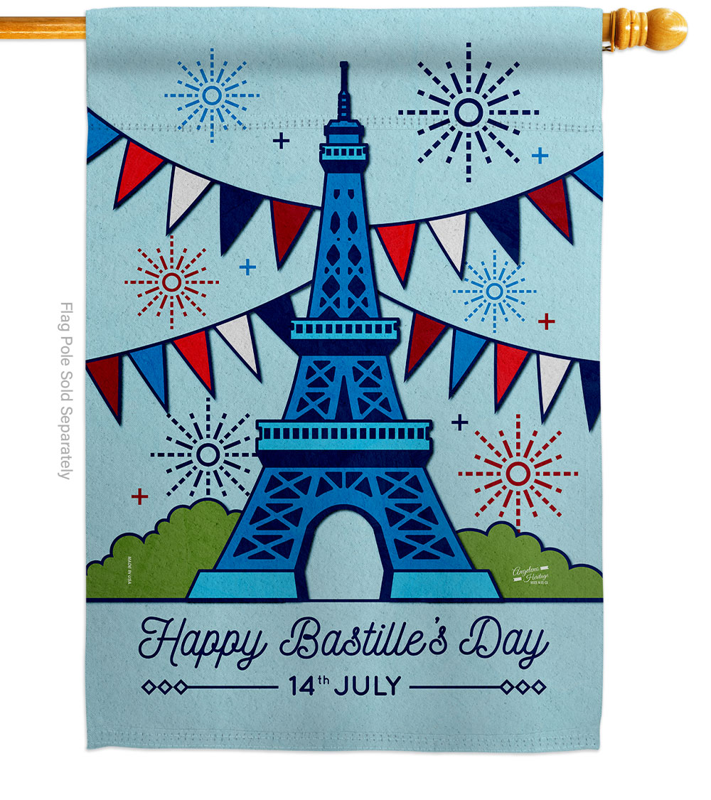 Picture of Angeleno Heritage H130394-BO 28 x 40 in. Happy Bastille Day Regional Double-Sided Vertical Decorative House Flag