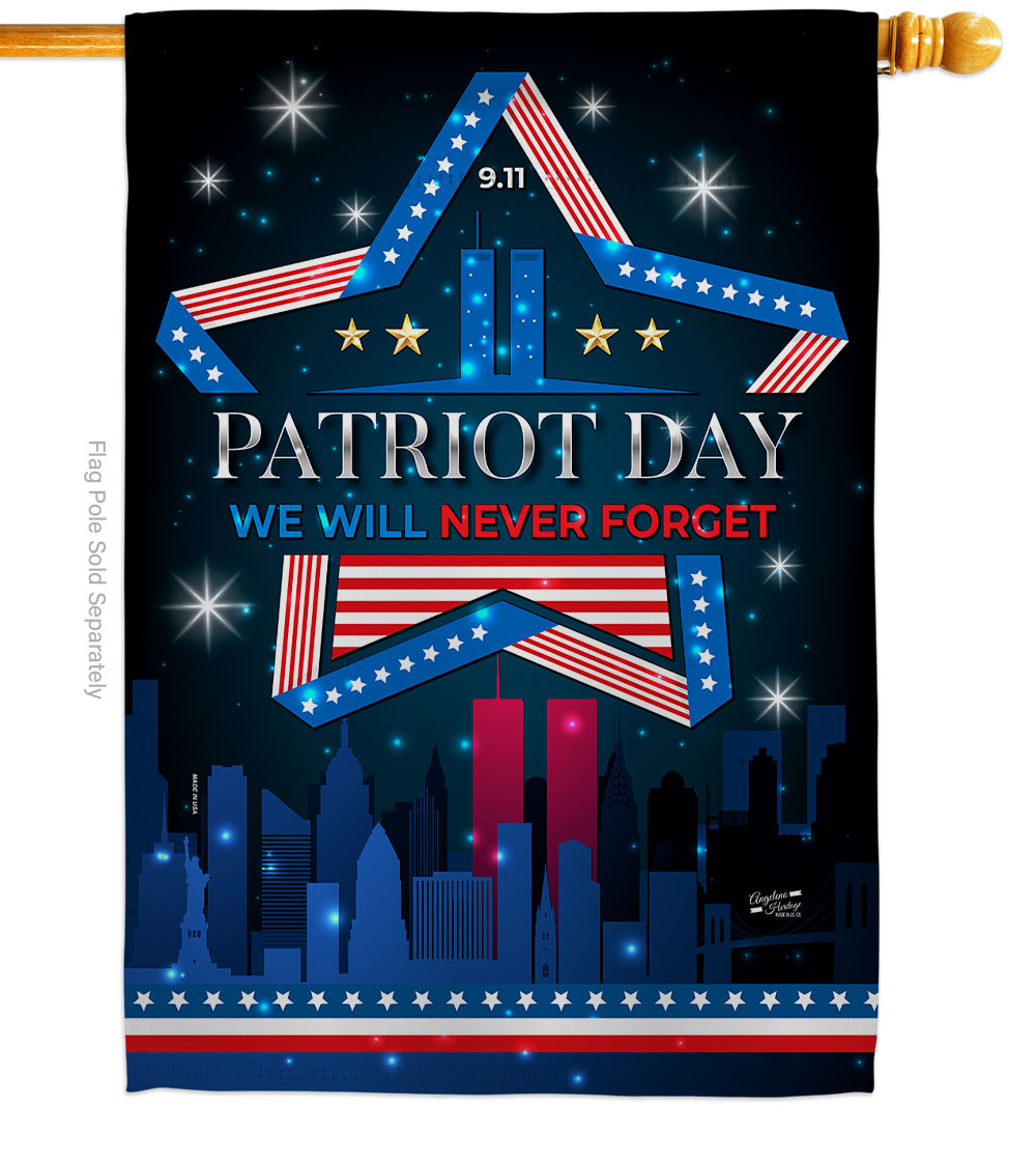 Picture of Angeleno Heritage H130396-BO 28 x 40 in. We Will Never Forget Americana Patriot Day Double-Sided Vertical Decorative House Flag