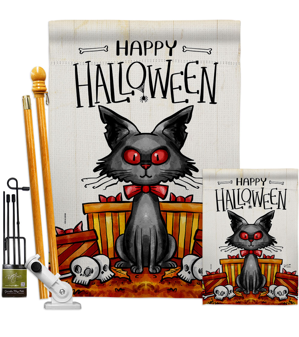 Kitty O Ween Falltime Halloween 28 x 40 in. Double-Sided Decorative Vertical House Flags Kit for Decoration Banner Garden Yard Gift
