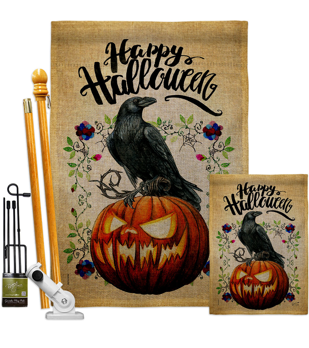 Crow & Pumpkin Falltime Halloween 28 x 40 in. Double-Sided Decorative Horizontal House Flags Kit for Decoration Banner Garden Yard Gift