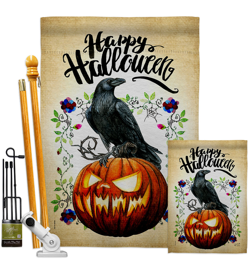 Crow & Pumpkin Falltime Halloween 28 x 40 in. Double-Sided Decorative Horizontal House Flags Kit for Decoration Banner Garden Yard Gift