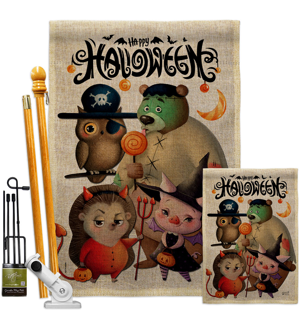 FK130413-DB Halloween Friends Falltime 28 x 40 in. Double-Sided Decorative Horizontal House Flags Kit for Decoration Banner Garden Yard Gift