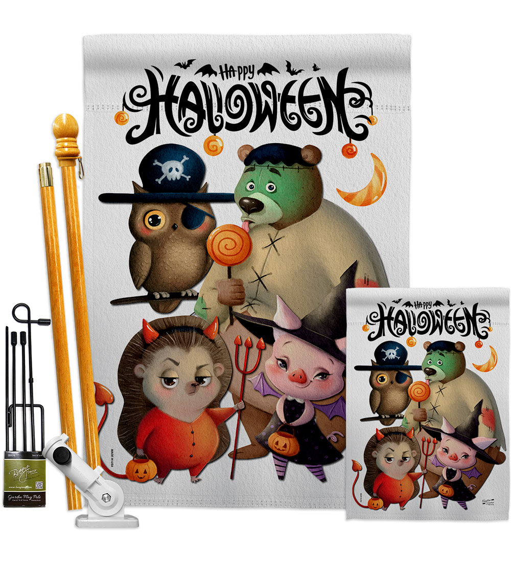 FK130413-P3 Halloween Friends Falltime 28 x 40 in. Double-Sided Decorative Horizontal House Flags Kit for Decoration Banner Garden Yard Gift
