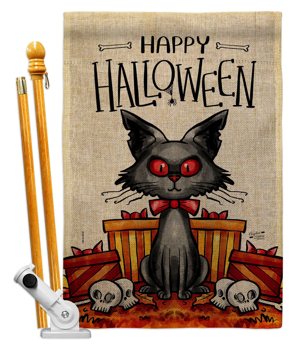 HS130409-DB Kitty O Ween Falltime Halloween 28 x 40 in. Double-Sided Decorative Vertical House Flag Set for Decoration Banner Garden Yard Gift