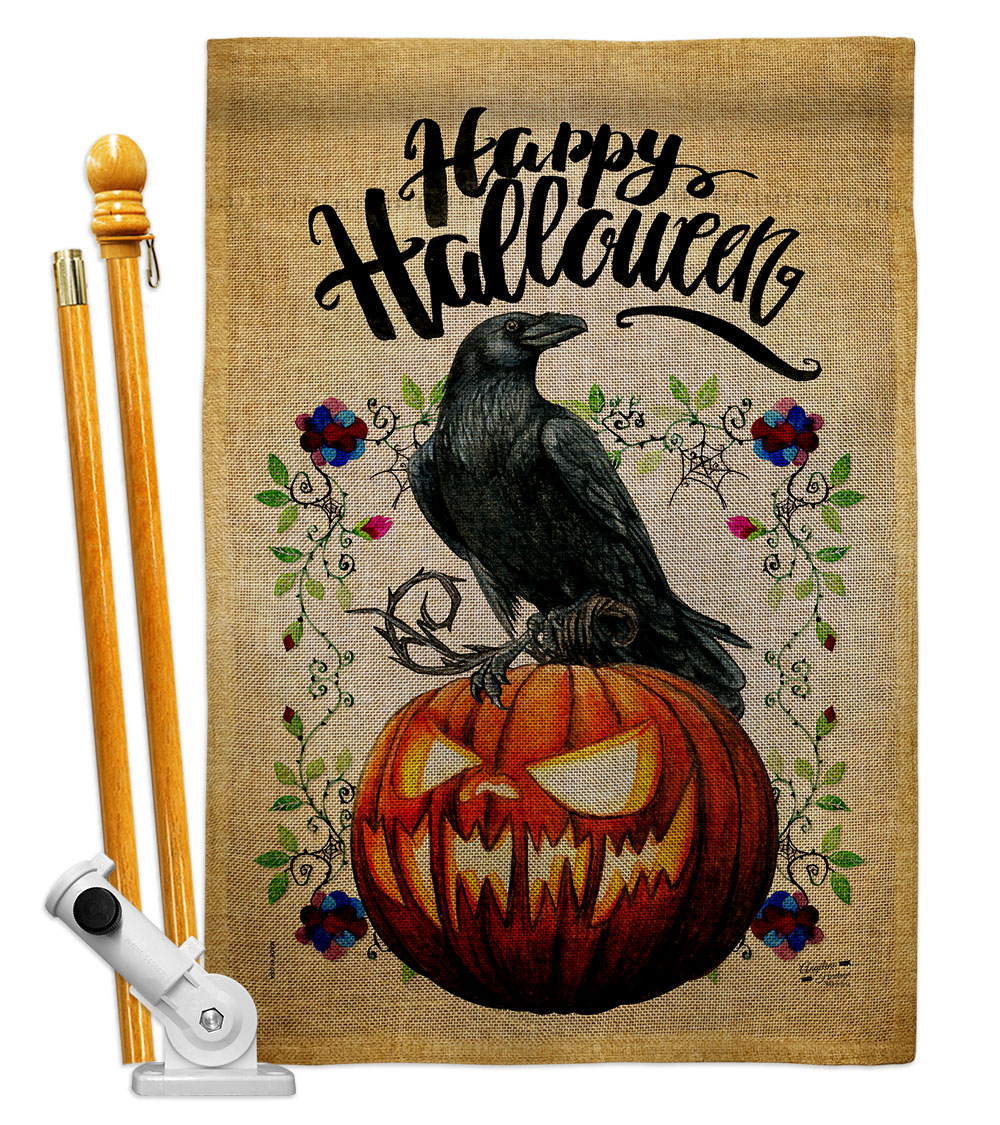 Crow & Pumpkin Falltime Halloween 28 x 40 in. Double-Sided Decorative Horizontal Flags for Decoration Banner Garden Yard Gift