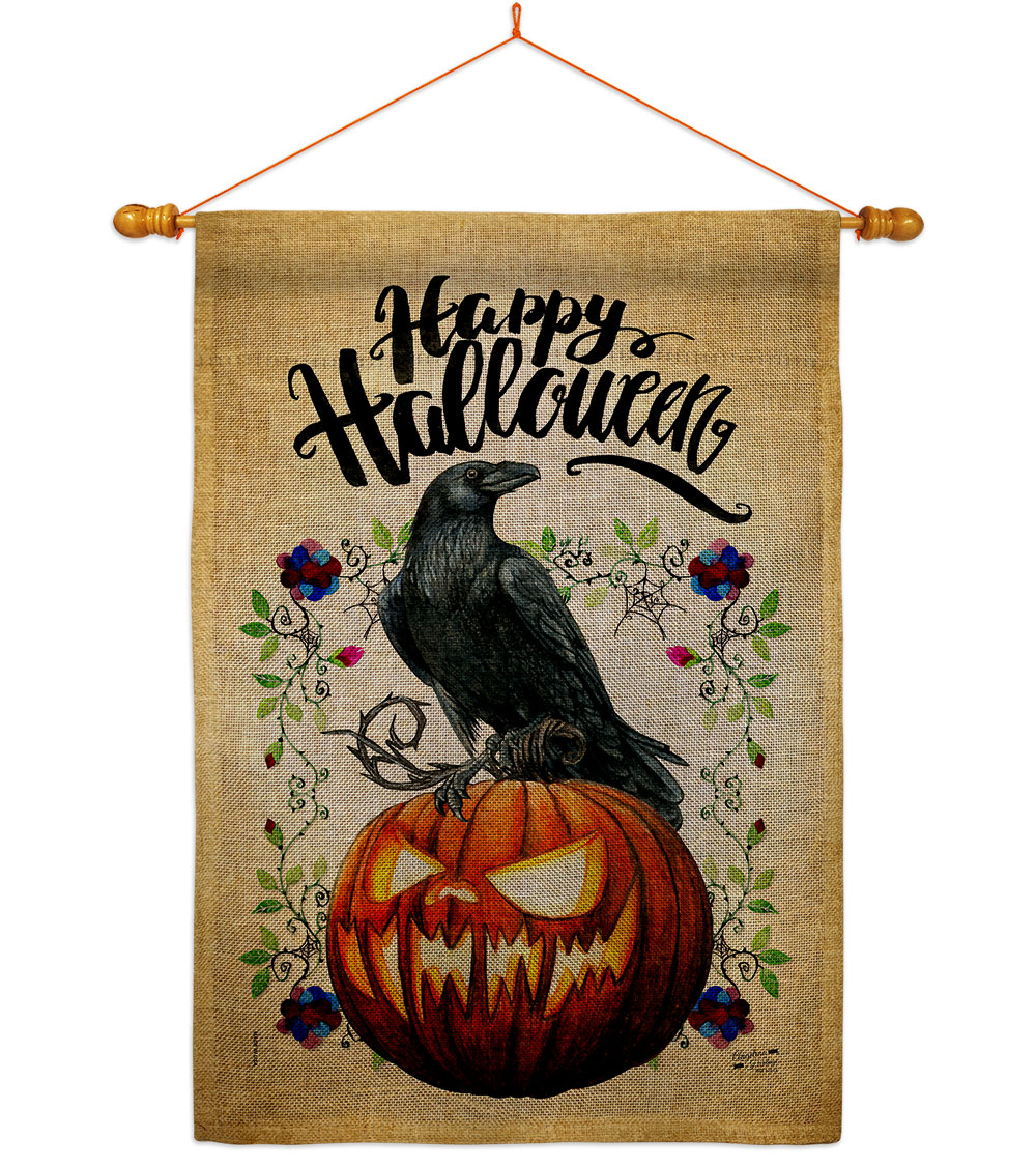 Crow & Pumpkin Falltime Halloween 28 x 40 in. Double-Sided Decorative Horizontal Flags for Decoration Banner Garden Yard Gift