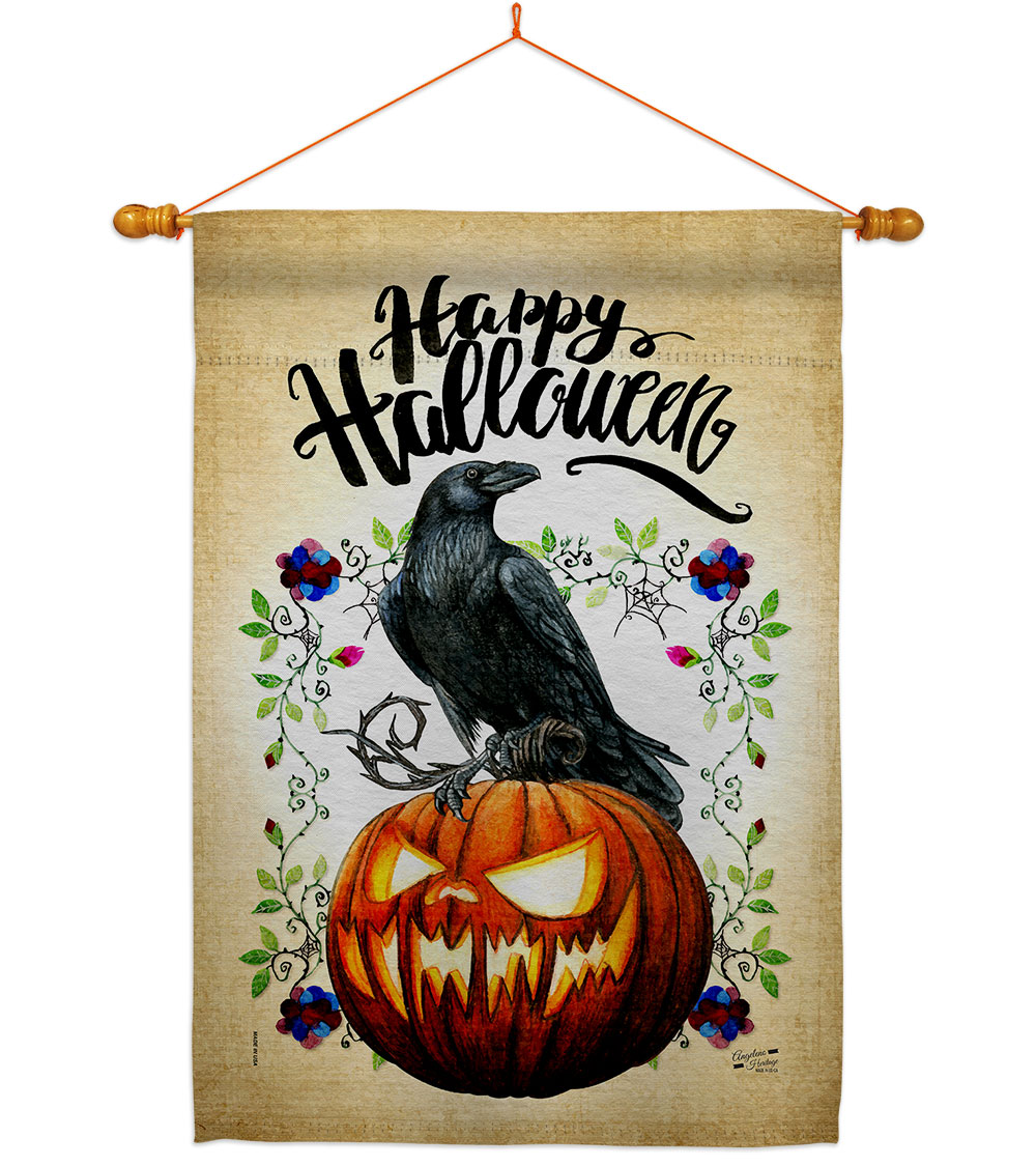 Crow & Pumpkin Falltime Halloween 28 x 40 in. Double-Sided Decorative Horizontal Flags for Decoration Banner Garden Yard Gift