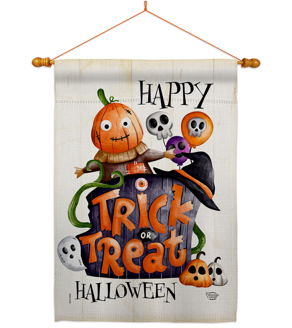 Trick or Treat Day Falltime Halloween 28 x 40 in. Double-Sided Decorative Vertical House Flag Set for Decoration Banner Garden Yard Gift