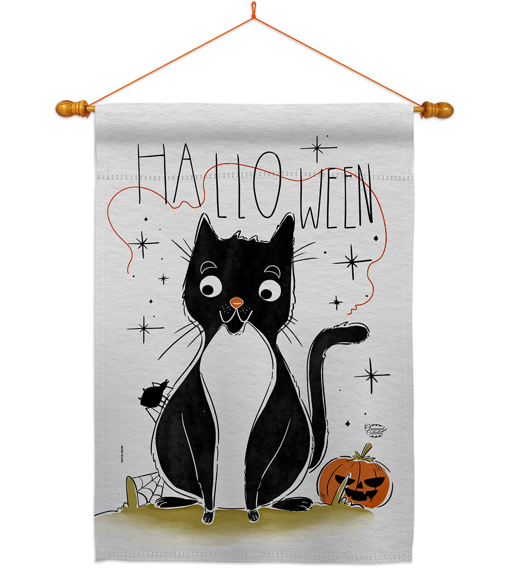 Halloween Tuxedo Cat Falltime 28 x 40 in. Double-Sided Decorative Horizontal Flags for Decoration Banner Garden Yard Gift