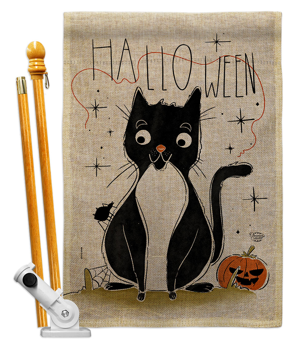 Halloween Tuxedo Cat Falltime 28 x 40 in. Double-Sided Decorative Horizontal Flags for Decoration Banner Garden Yard Gift