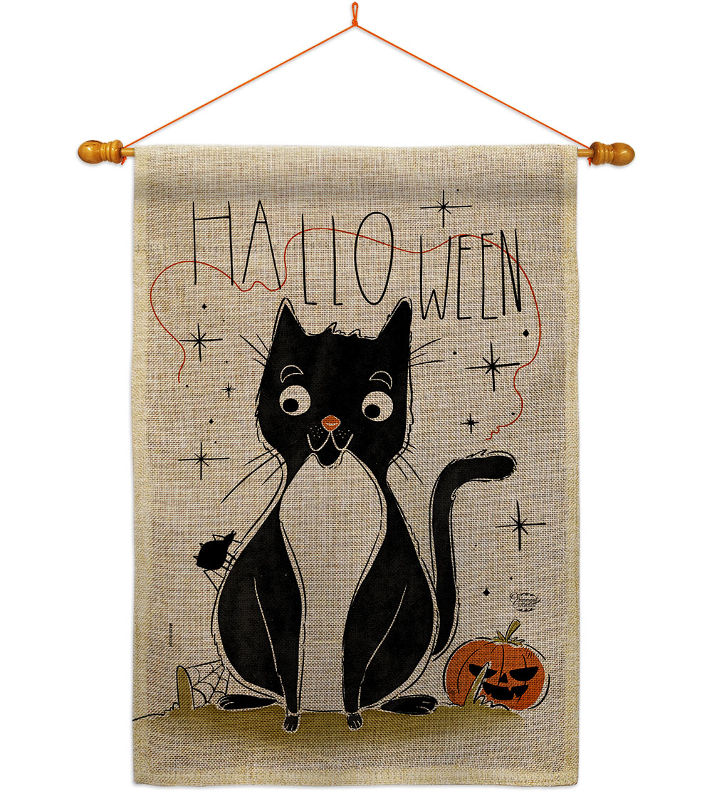 Halloween Tuxedo Cat Falltime 28 x 40 in. Double-Sided Decorative Horizontal Flags for Decoration Banner Garden Yard Gift