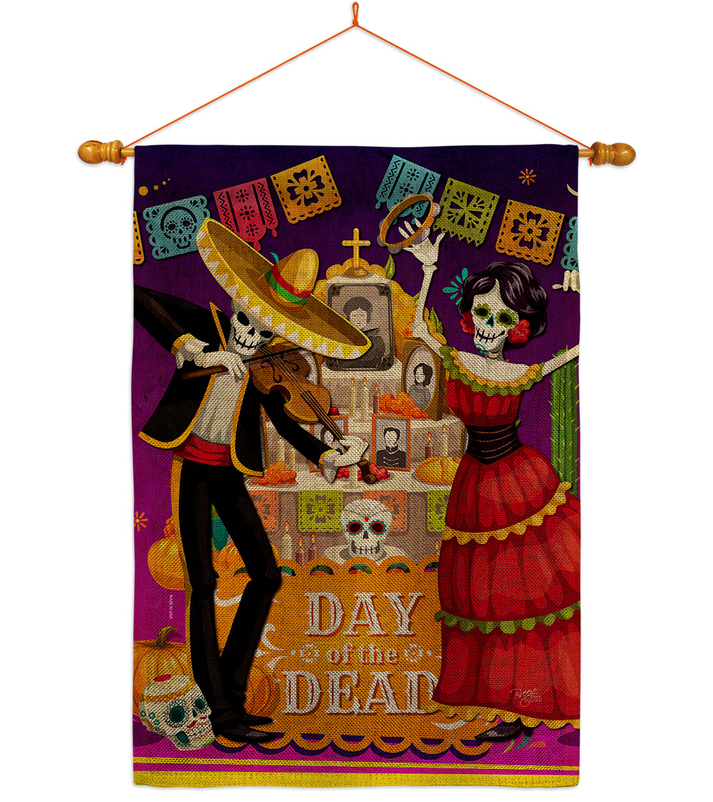 La Baile de Los Muertos Falltime Day of Diad 28 x 40 in. Double-Sided Decorative Vertical House Flag Set for Decoration Banner Garden Yard Gift