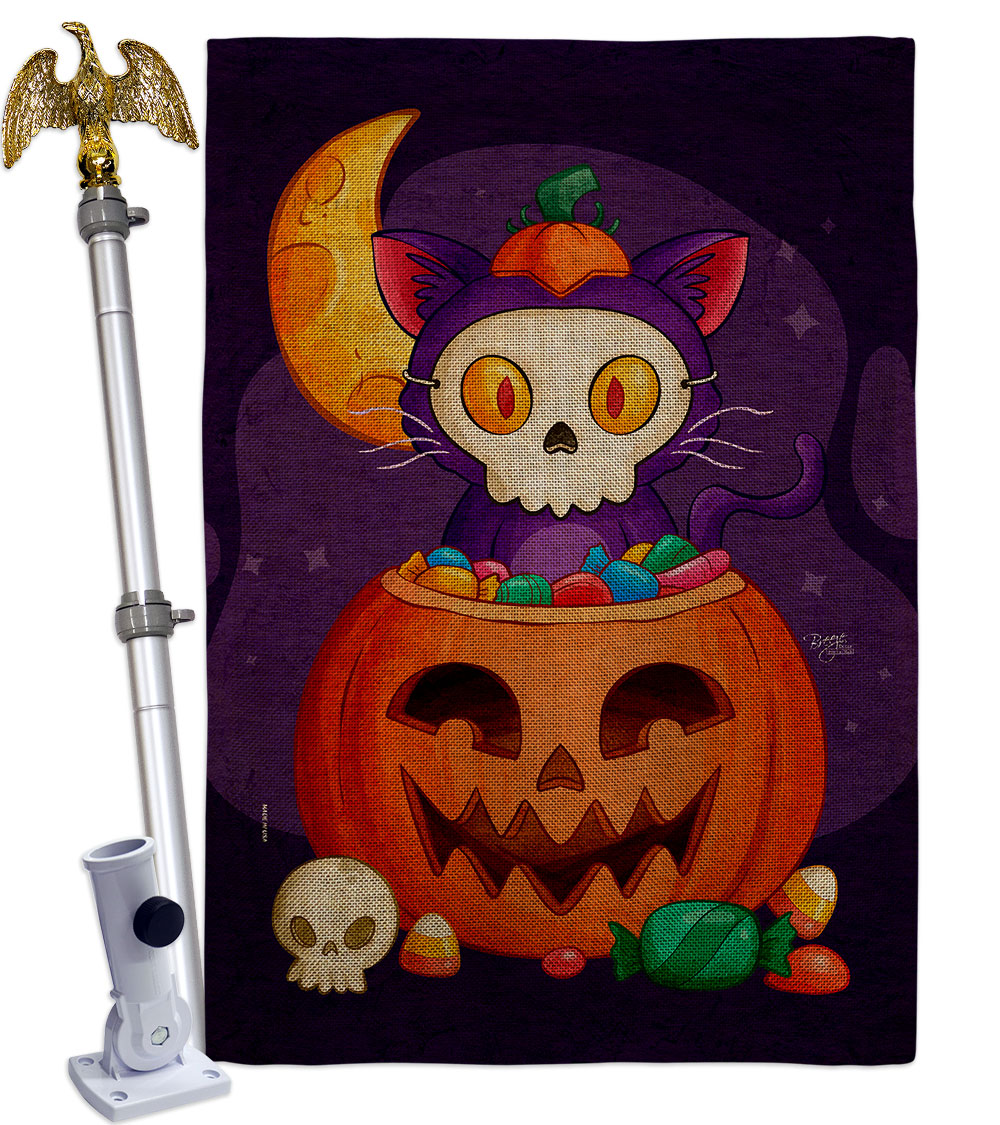 HS120261-DB-02 Sneaky Cat Falltime Halloween 28 x 40 in. Double-Sided Decorative Vertical House Flag Set for Decoration Banner Garden Yard Gift