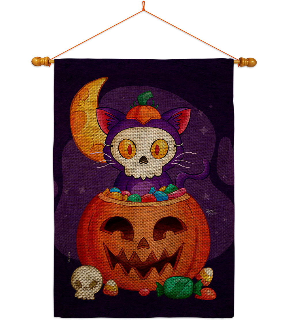Sneaky Cat Falltime Halloween 28 x 40 in. Double-Sided Decorative Vertical House Flag Set for Decoration Banner Garden Yard Gift