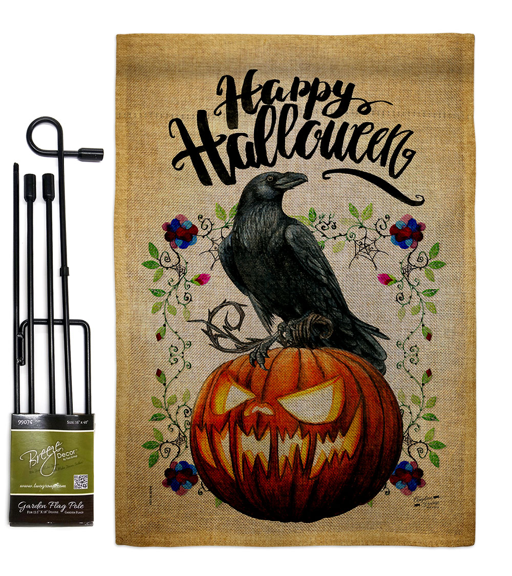 Crow & Pumpkin Falltime Halloween 13 x 18.5. in. Double-Sided Decorative Horizontal House Garden Flag Set for Decoration Banner Yard Gift