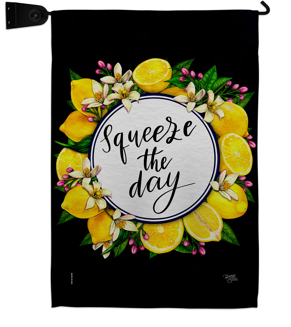 Squeeze the Day Food Fruit 13 x 18.5. in. Double-Sided Decorative Vertical House Garden Flag Set for Decoration Banner Yard Gift