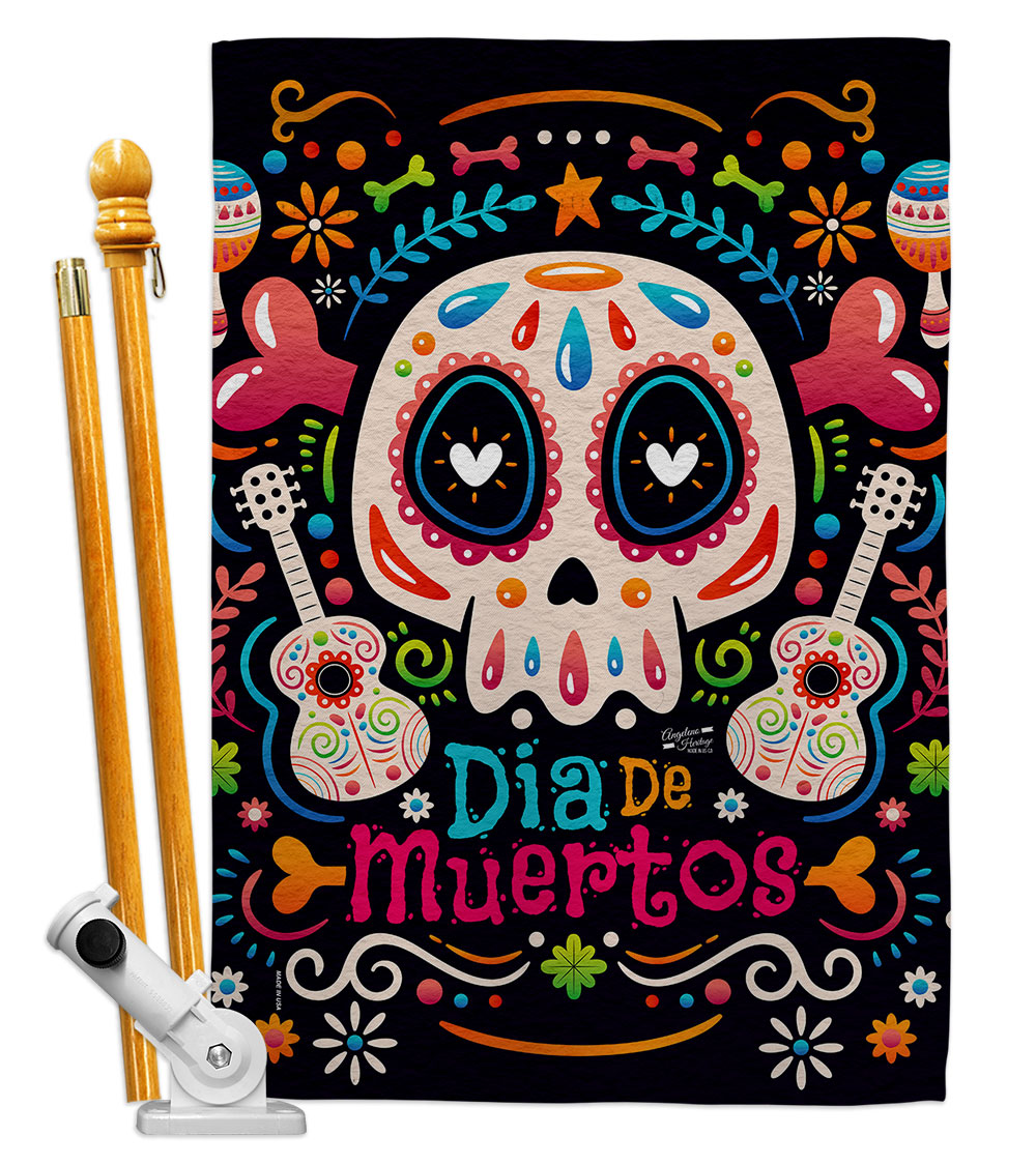 Fiesta Dia de Muertos Falltime Day of Diad 28 x 40 in. Double-Sided Decorative Vertical House Flag Set for Decoration Banner Garden Yard Gift