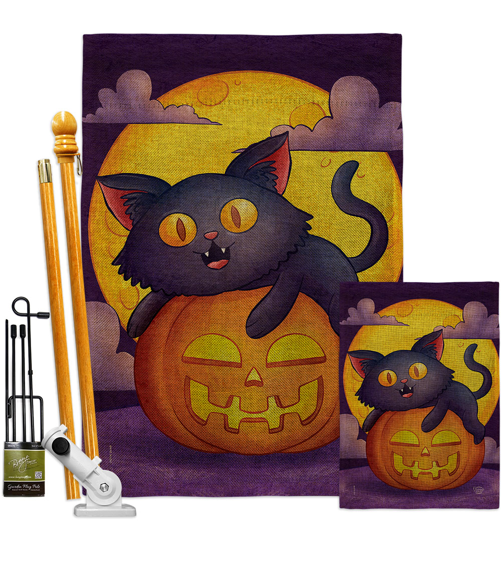 FK190170-DB Halloween Kitty Falltime 28 x 40 in. Double-Sided Decorative Vertical House Flags Kit for Decoration Banner Garden Yard Gift