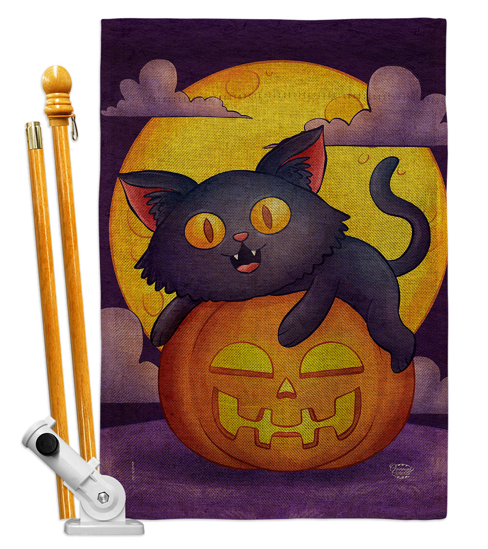 HS190170-DB Halloween Kitty Falltime 28 x 40 in. Double-Sided Decorative Vertical House Flag Set for Decoration Banner Garden Yard Gift