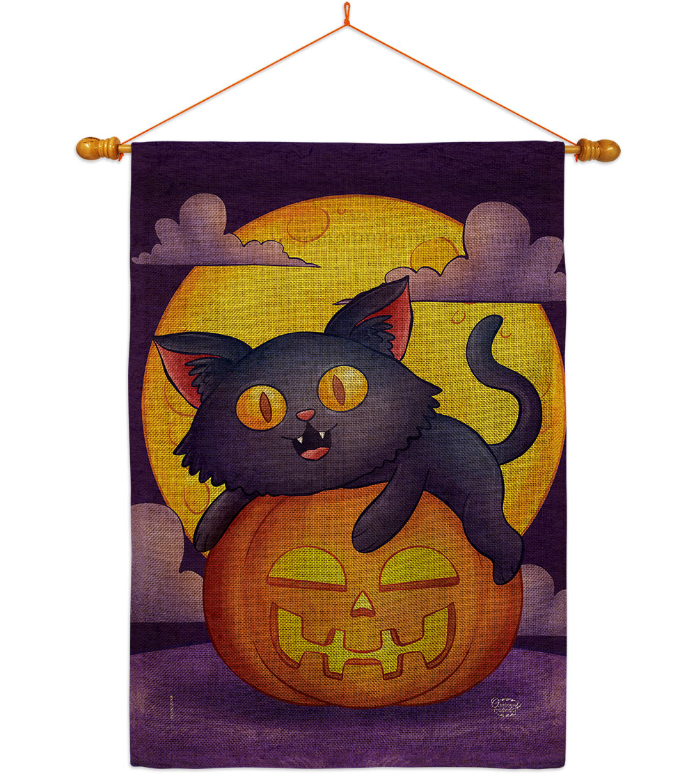 HS190170-DB-03 Halloween Kitty Falltime 28 x 40 in. Double-Sided Decorative Vertical House Flag Set for Decoration Banner Garden Yard Gift
