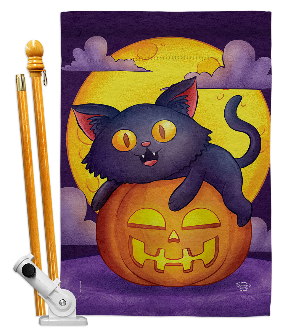HS190170-P3 Halloween Kitty Falltime 28 x 40 in. Double-Sided Decorative Vertical House Flag Set for Decoration Banner Garden Yard Gift