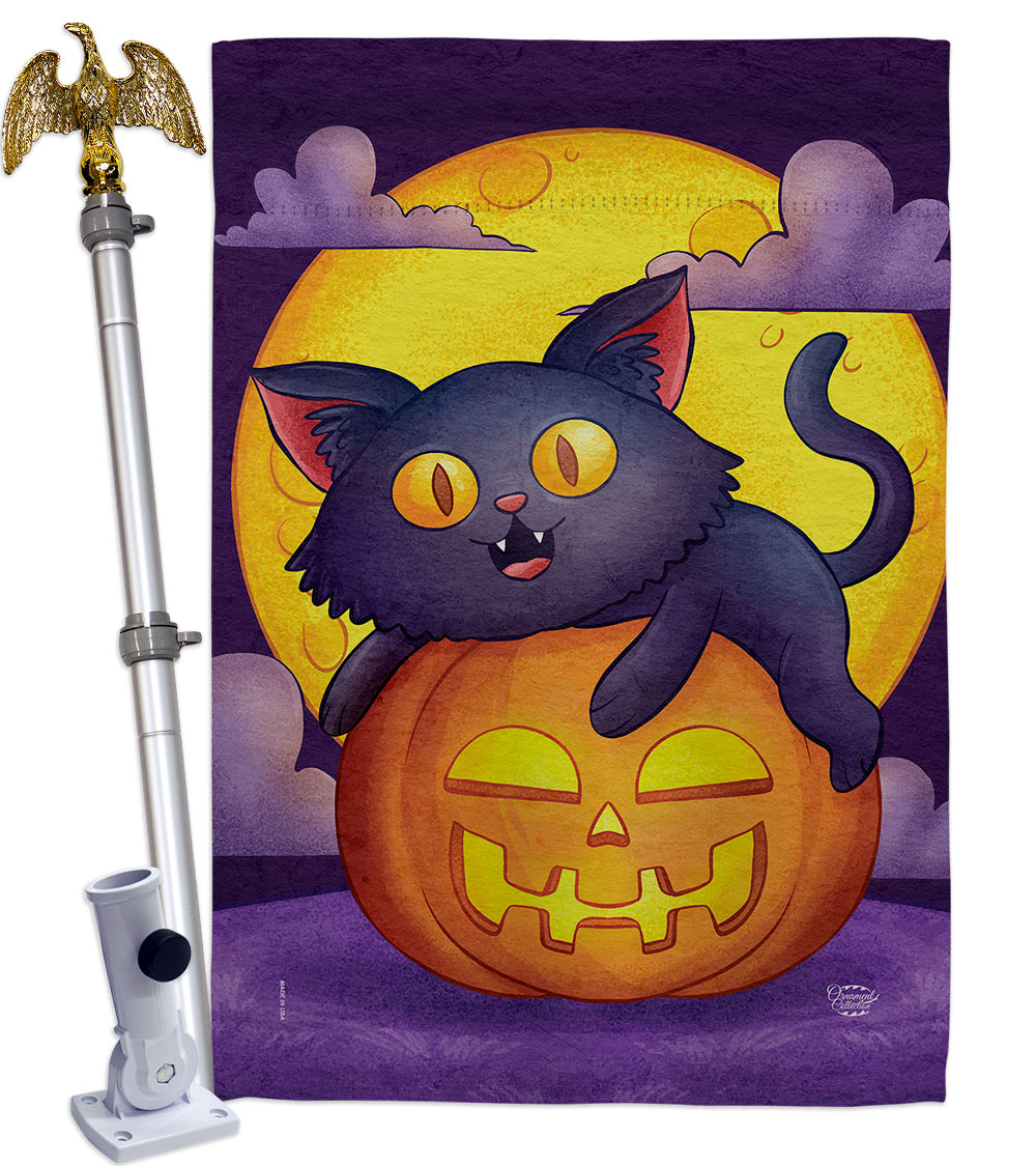 HS190170-P3-02 Halloween Kitty Falltime 28 x 40 in. Double-Sided Decorative Vertical House Flag Set for Decoration Banner Garden Yard Gift