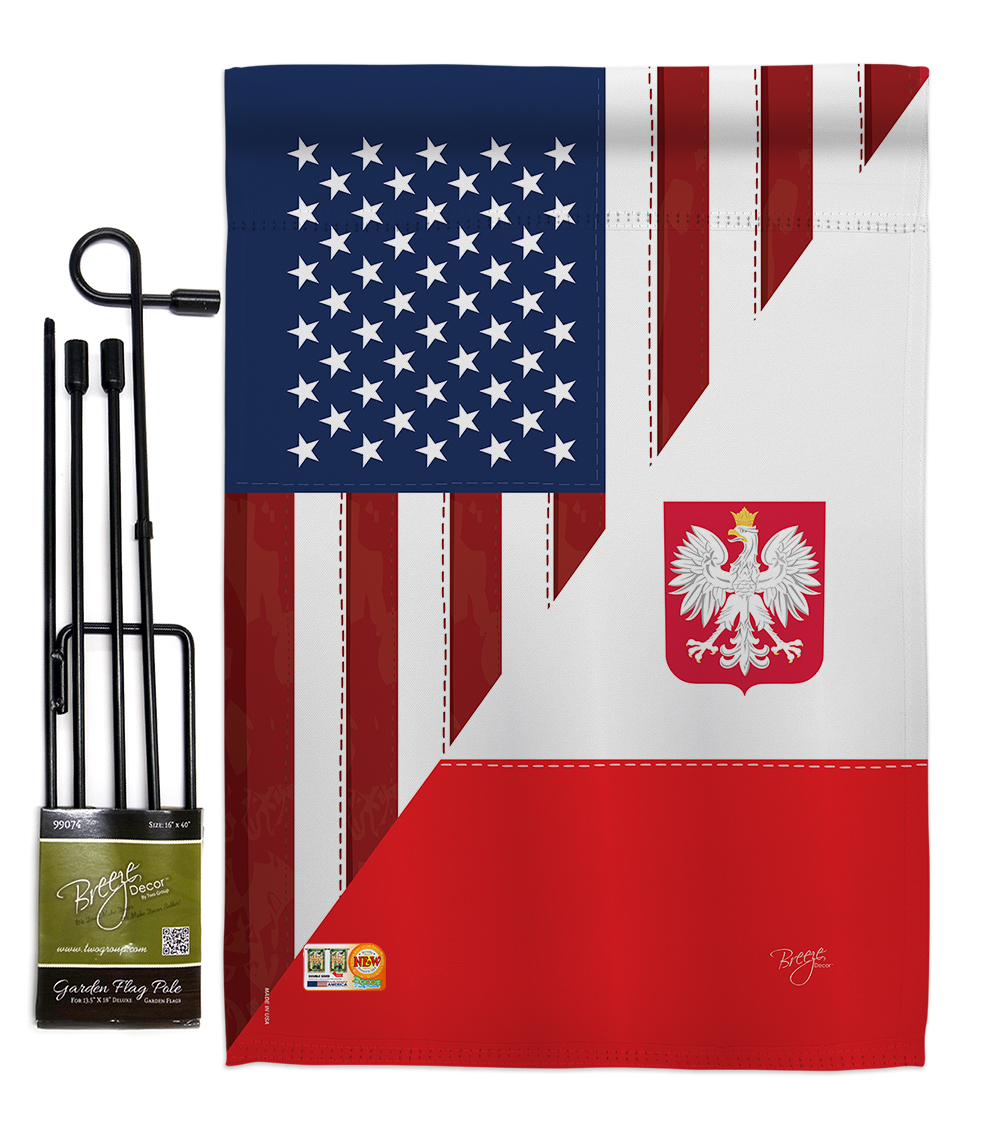 Breeze Decor BD-FS-GS-108379-IP-BO-D-US15-BD 13 x 18.5 in. US Polish Friendship Flags of the World Impressions Decorative Vertical Double Sided Garden Flag Set with Banner Pole