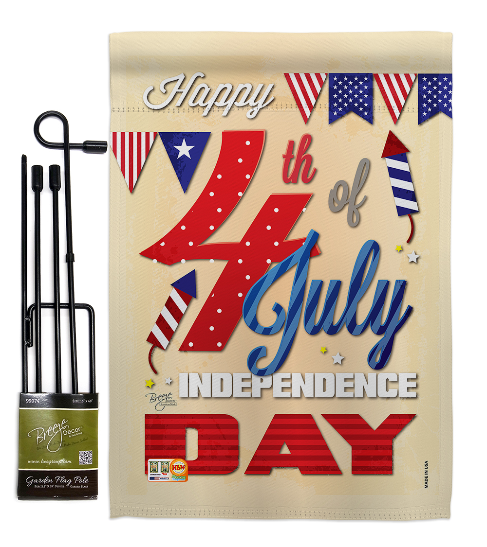 BD-FJ-GS-111008-IP-BO-D-US15-BD 13 x 18.5 in. Happy 4th Americana Fourth of July Vertical Double Sided Mini Garden Flag Set with Banner Pole