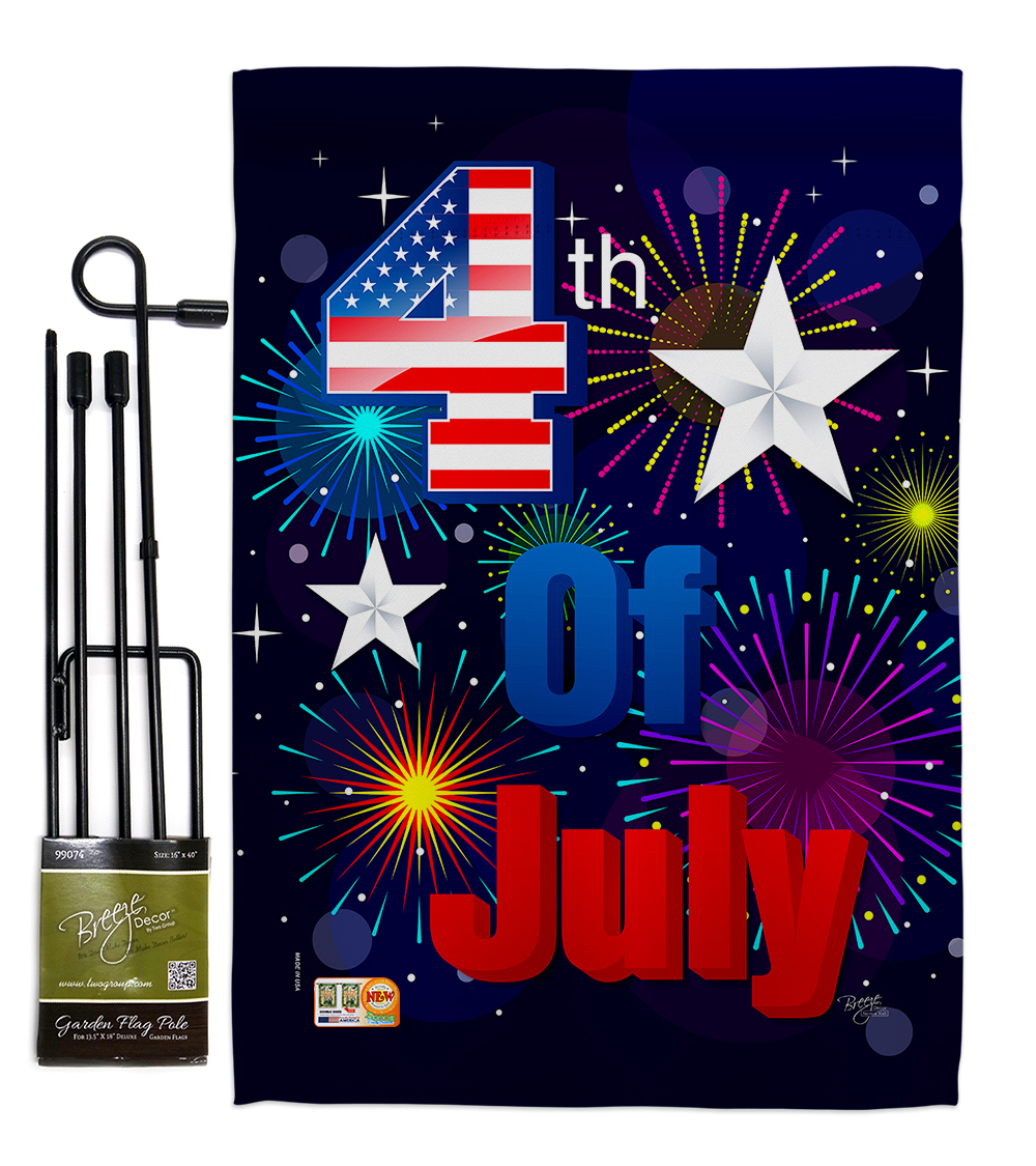 BD-FJ-GS-111089-IP-BO-D-US18-BD 13 x 18.5 in. Fireworks July 4th Americana Fourth of Vertical Double Sided Mini Garden Flag Set with Banner Pole
