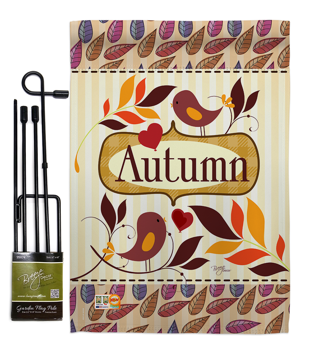 Breeze Decor BD-HA-GS-113003-IP-BO-D-US13-BD 13 x 18.5 in. Birds Autumn Fall Harvest & Vertical Double Sided Mini Garden Flag Set with Banner Pole