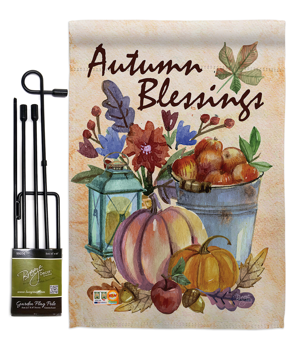 Breeze Decor BD-HA-GS-113006-IP-BO-D-US15-BD 13 x 18.5 in. Autumn Blessings Fall Harvest & Vertical Double Sided Mini Garden Flag Set with Banner Pole