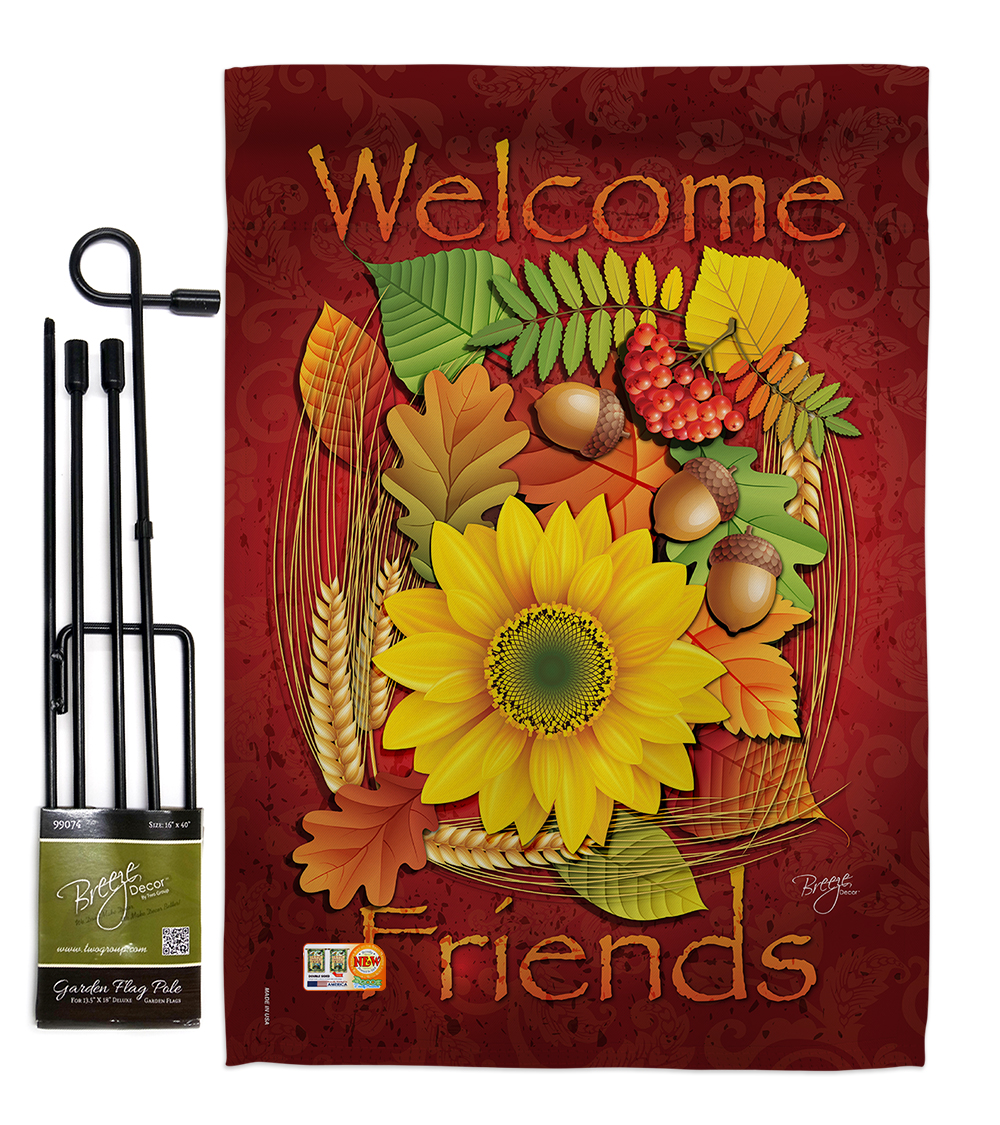 BD-HA-GS-113040-IP-BO-D-US12-BD 13 x 18.5 in. Welcome Friends Fall Harvest & Autumn Vertical Double Sided Mini Garden Flag Set with Banner Pole