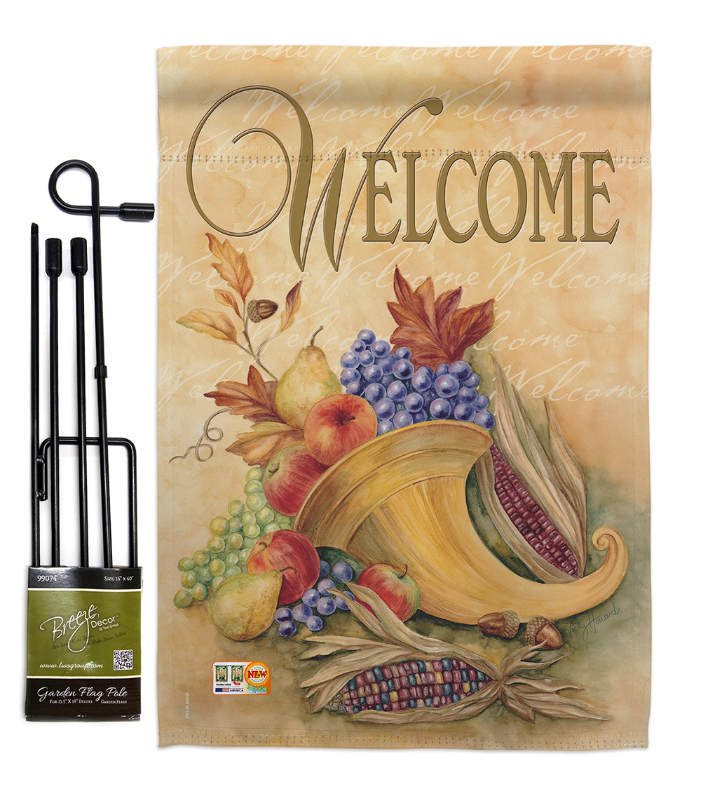 BD-HA-GS-113042-IP-BO-D-US12-AM 13 x 18.5 in. Autumn Cornucopia Fall Harvest & Vertical Double Sided Mini Garden Flag Set with Banner Pole