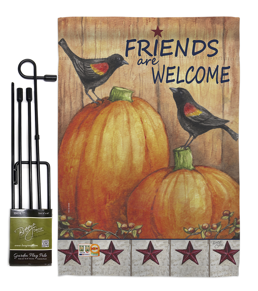 BD-HA-GS-113059-IP-BO-D-US16-AL 13 x 18.5 in. Welcome Friends Crows Fall Harvest & Autumn Vertical Double Sided Mini Garden Flag Set with Banner Pole