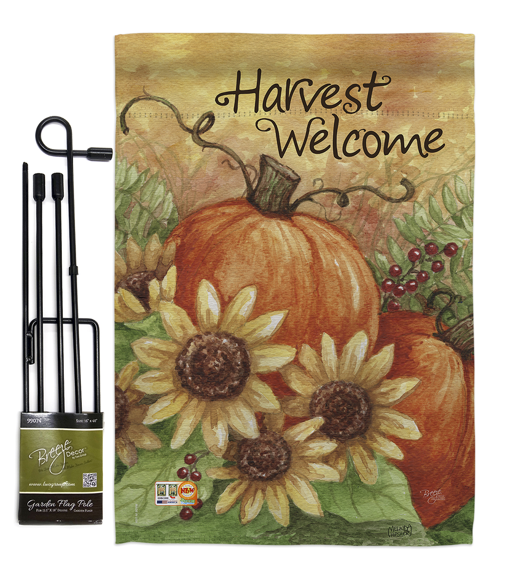 Breeze Decor BD-HA-GS-113060-IP-BO-D-US16-AL 13 x 18.5 in. Pumpkin Sunflower Fall Harvest & Autumn Vertical Double Sided Mini Garden Flag Set with Banner Pole