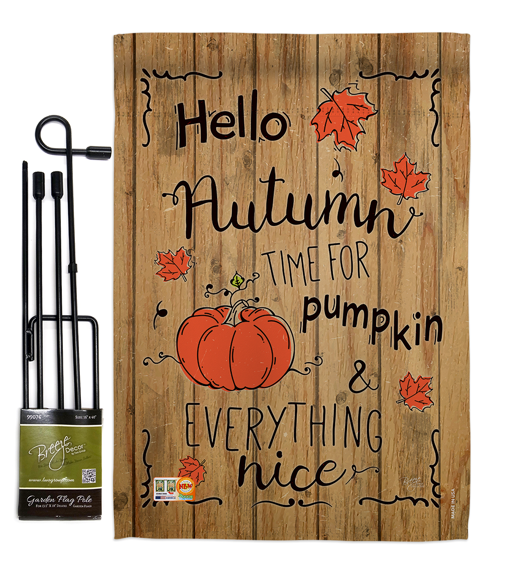 BD-HA-GS-113064-IP-BO-D-US17-BD 13 x 18.5 in. Hello Autumn Time for Pumpkin Fall Harvest & Vertical Double Sided Mini Garden Flag Set with Banner Pole